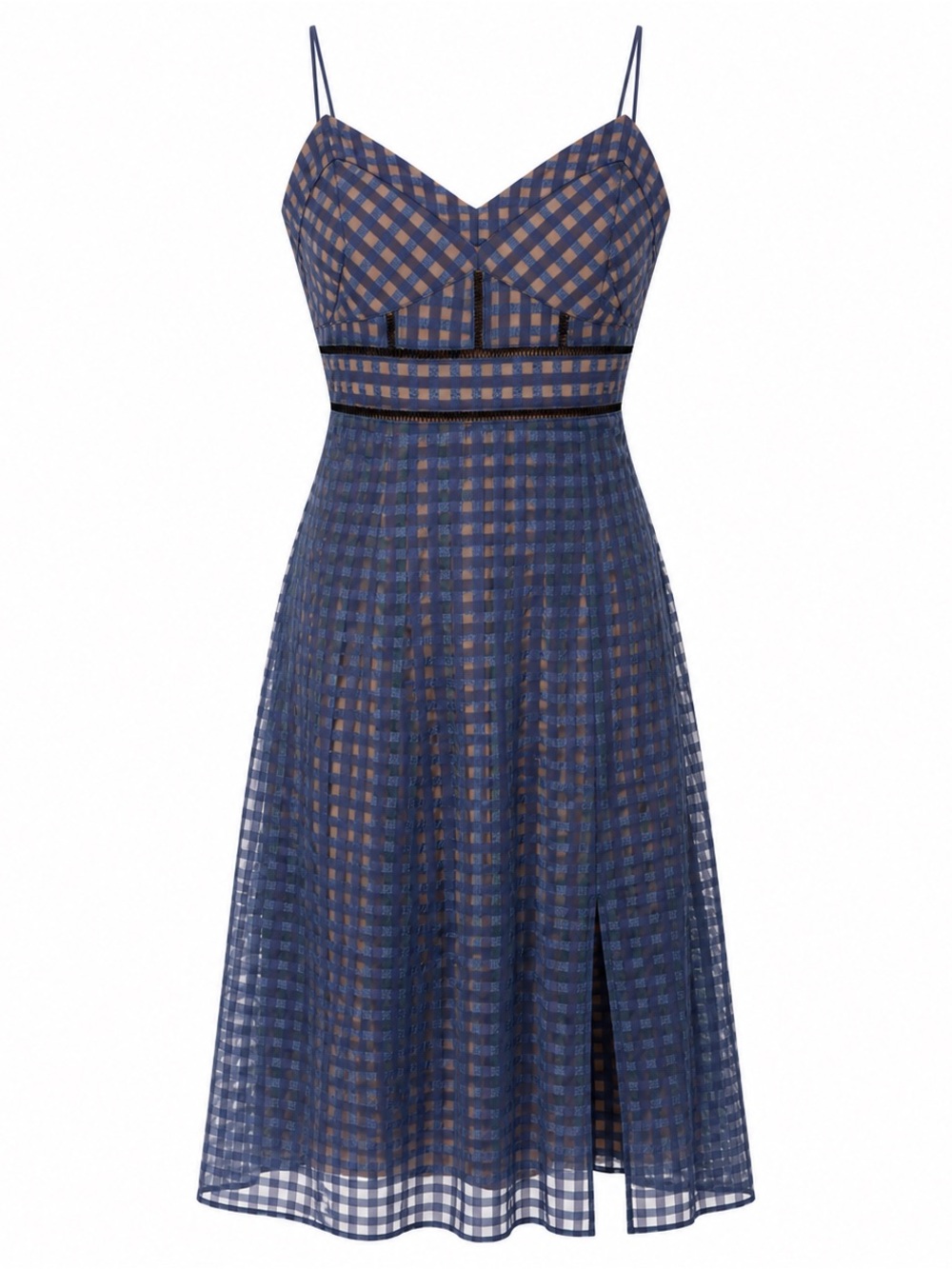Roselani Navy Blue Tan Gingham Plaid Ladder Lace Cutout Midi Dress Size S‎ Boho